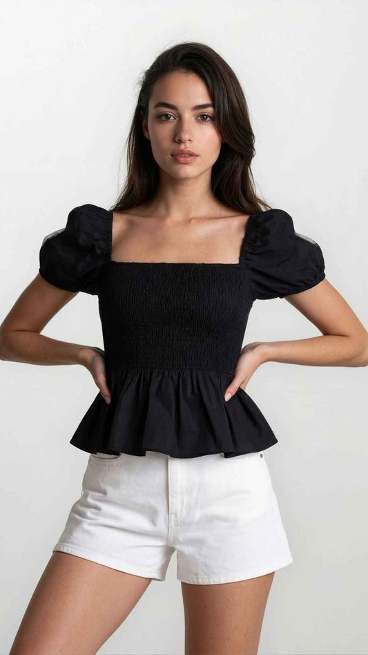 Sera – Cotton Poplin Puff Sleeve Peplum Blouse Top In Black