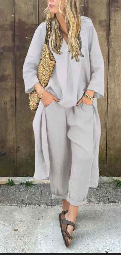 2pcs Long-sleeved Suits Loose V-neck Long Top And High Waist Wide Leg Pants With Pockets Women's Clothing