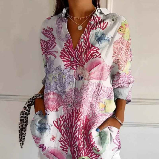 Women’s Floral Print Long-Sleeve Button Shirt – Casual Printed Cardigan Top | Sizes XS–5XL