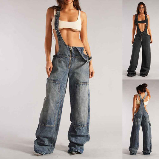 Women's Loose Fit Denim Jumpsuit – Y2K Wide Leg Suspender Overalls