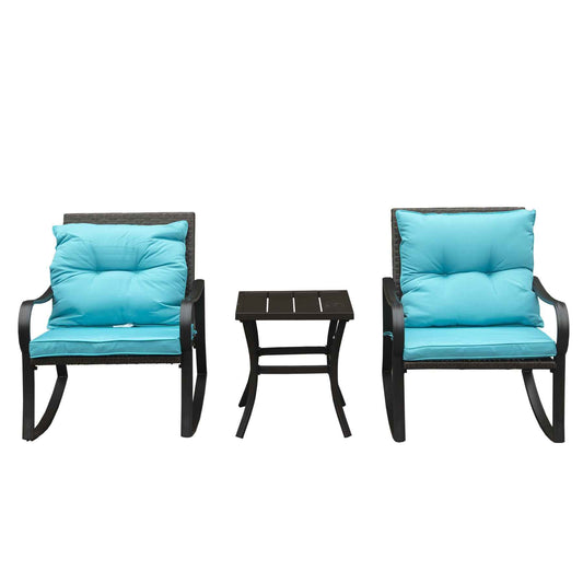Metal 2-Person Outdoor Patio Rocking Chair Set with Cushions – Blue Steel Porch Seating