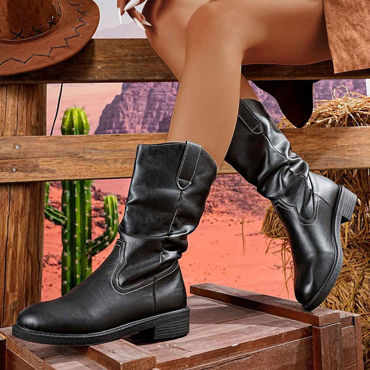 Women's Mid-Calf Fashion Boots – Pointed Toe Block Heel PU Leather Boots