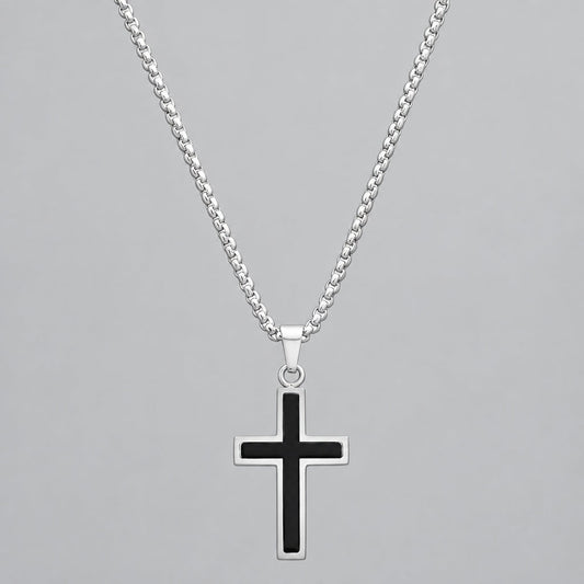 Men's Stainless Steel Silver and Black Cross Pendant Necklace