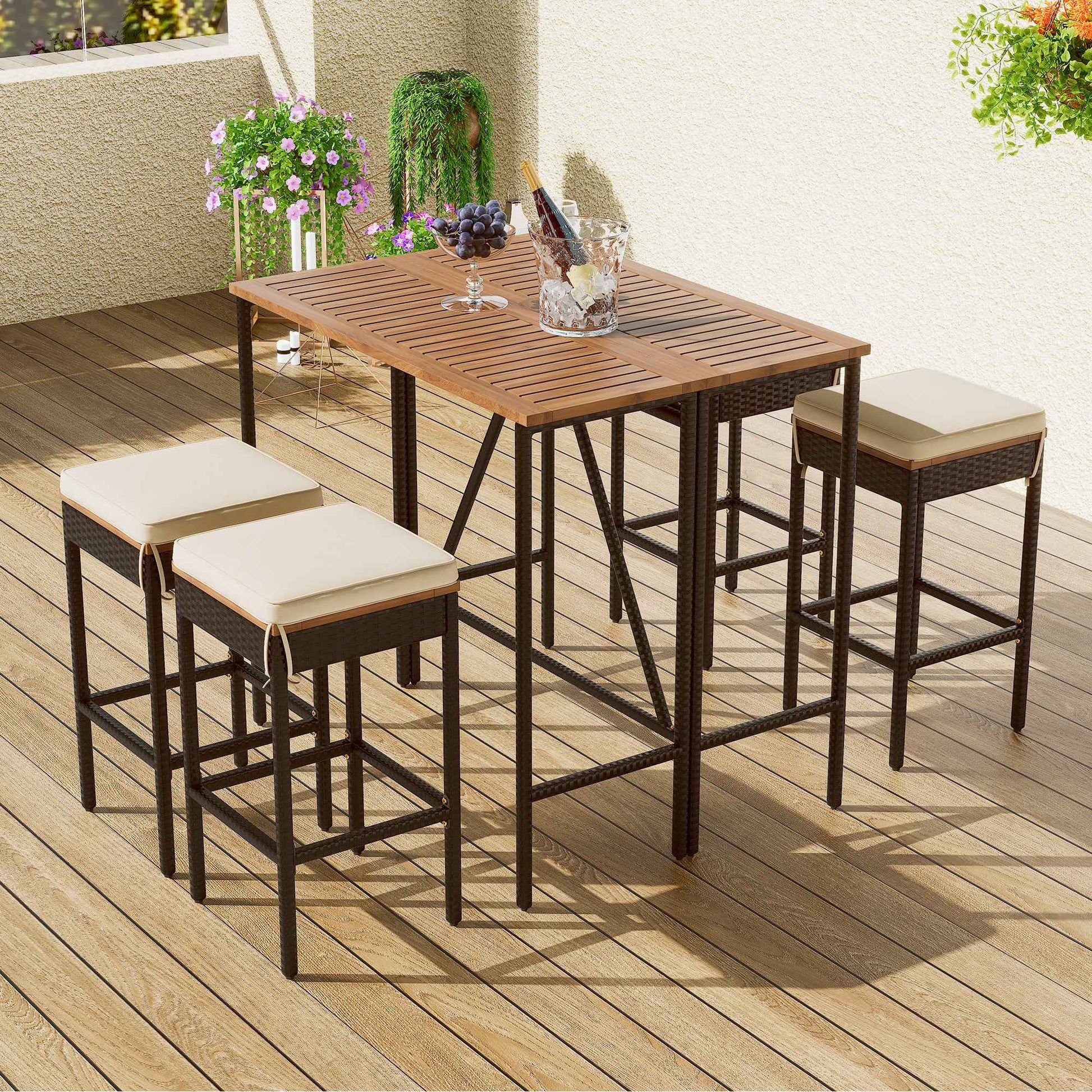 5-Piece Outdoor Acacia Wood Bar Table Set with 4 Cushioned Stools – PE Rattan Patio Dining Bistro Set ( Deliver To United States Only)