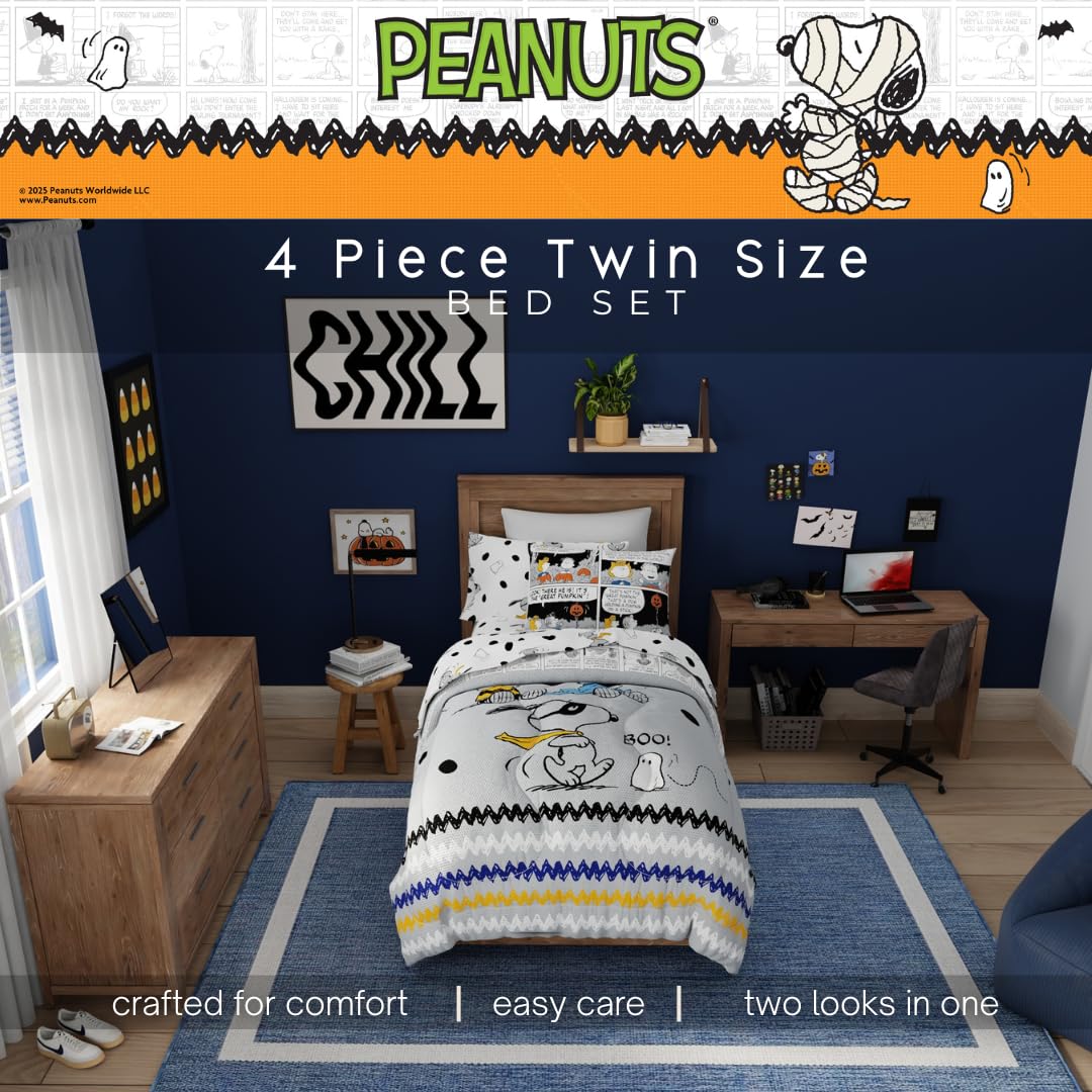 Franco Peanuts Snoopy Halloween Bedding Set, 4 Piece Super Soft Reversible Comforter and Sheet Set, Twin, (100% Officially Licensed Product) Collectibles