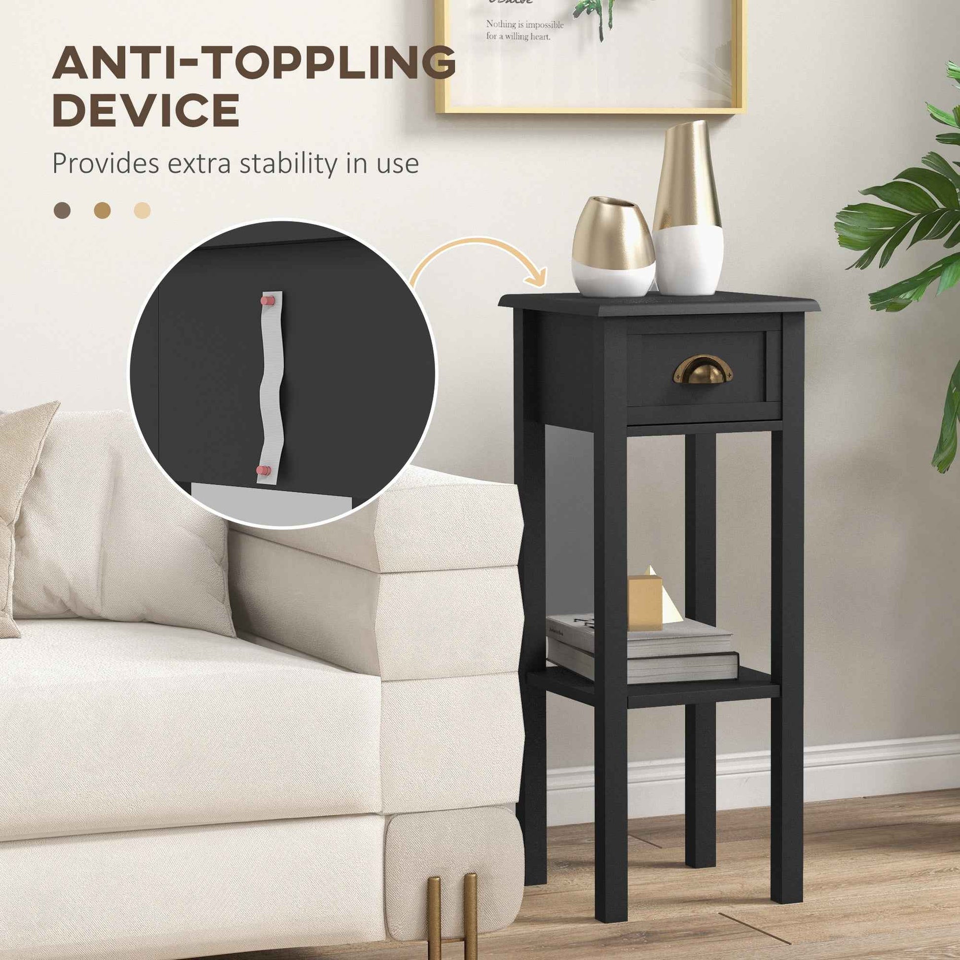 Set of 2 Black Side Tables with Drawer & Shelf – 2-Tier Narrow End Tables for Living Room & Hallway (Deliver to United States Only)