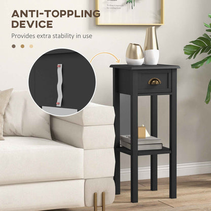 Set of 2 Black Side Tables with Drawer & Shelf – 2-Tier Narrow End Tables for Living Room & Hallway (Deliver to United States Only)