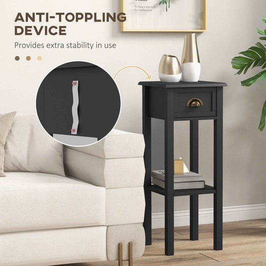 Set of 2 Black Side Tables with Drawer & Shelf – 2-Tier Narrow End Tables for Living Room & Hallway (Deliver to United States Only)