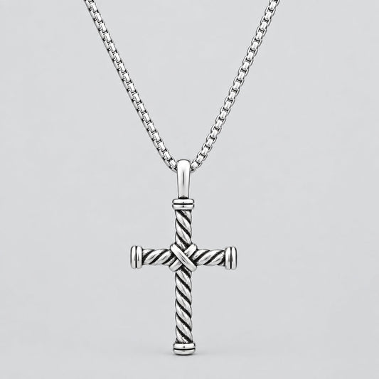 Men’s Stainless Steel Twisted Cable Cross Pendant Necklace. Oxidized Biker Jewellery
