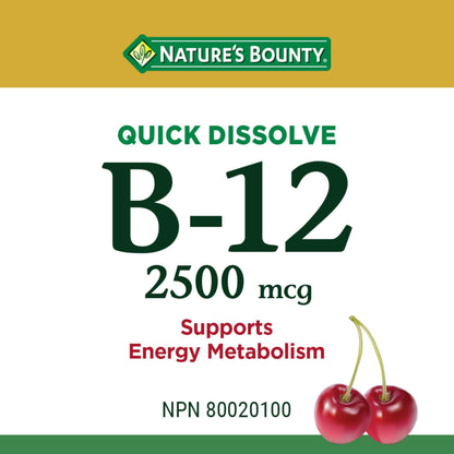 NATURE'S BOUNTY Vitamin B-12 Supplement, 2500 mcg, Quick Dissolve Tablets, Natural Cherry Flavour, Helps In Energy Metabolism, Essential In Normal Formation Of Blood Cells, 120 Tablets, 42 g 🍁 All In One Marketplace Canada