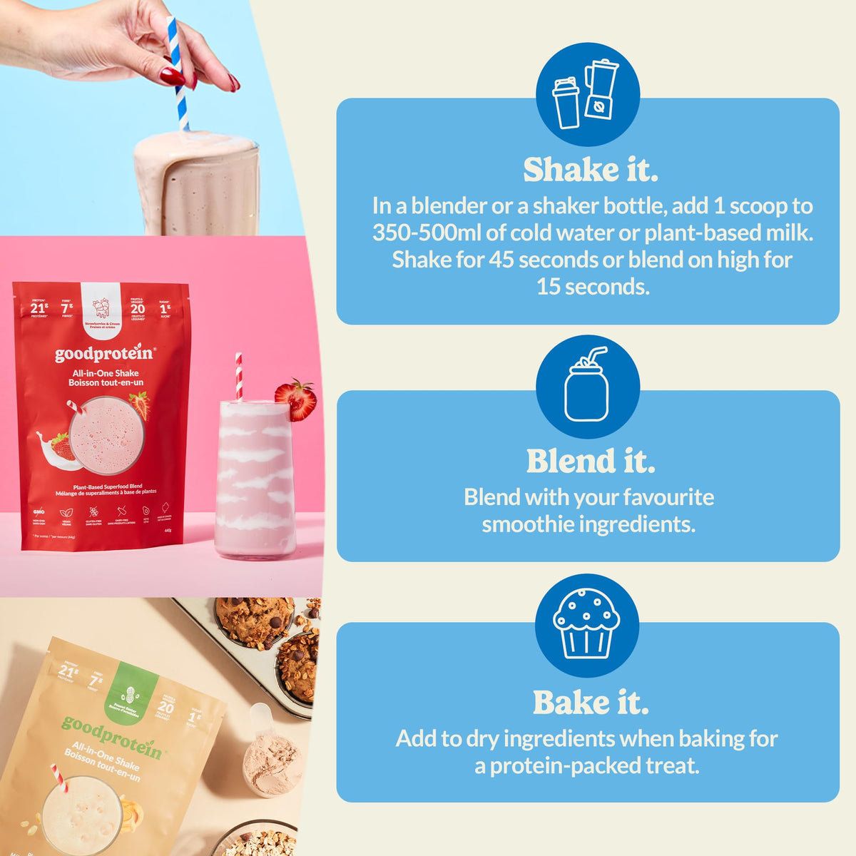 Good Protein Vegan Plant-based Protein Powder 100% Natural, Non-GMO, Dairy-free, Gluten-free, Soy-free, No Added Sugar and Nothing Artificial. Mint Chocolate Chip All-in-One Shake 440 grams 🍁 All In One Marketplace Canada