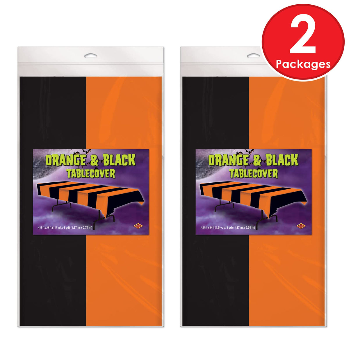 Beistle Orange & Black Stripes Tablecovers, 54” x 108”, Plastic Table Cloth, Rectangular Tablecloth, Holiday Tablecloth, Halloween Plastic Tablecloth, Halloween Decorations, Orange/Black, 2 Pieces