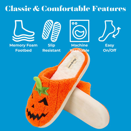 Dearfoams Unisex-Adult Spooky Fuzzy Halloween Pumpkin Jack O Lantern Slipper, Jack O Lantern, 15-16 Women/13-14 Men