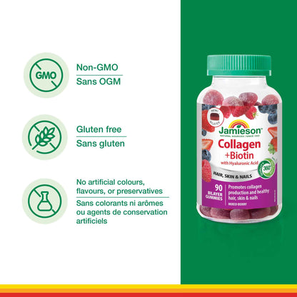 Jamieson Collagen and Biotin Bilayer Gummy with Hyaluronic Acid and Vitamin C, Mixed Berry Flavour, Healthy Hair, Skin & Nails, Supports Collagen Production, Source of Antioxidants, Beauty Gummy, NON-GMO, No Gluten, No Lactose, No Artificial Colours, Flav