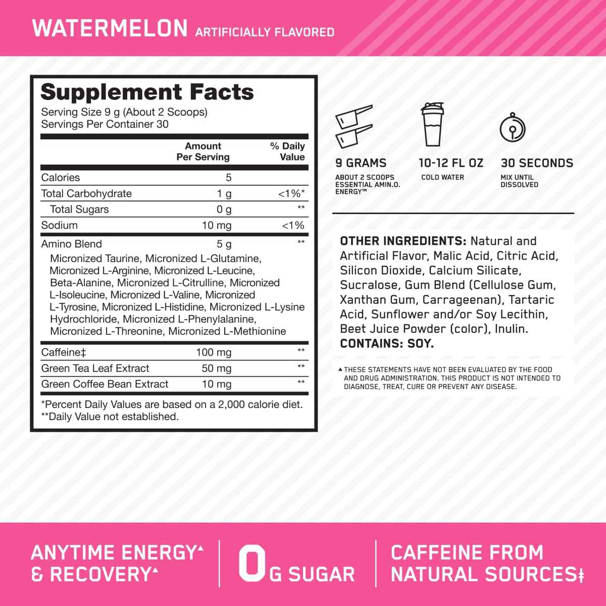 Optimum Nutrition Amino Energy Powder: Pre- workout & Anytime energy with Green tea, Green coffee extract + BCAA's - Watermelon: 30 servings [270g] (packaging may vary) 🍁 All In One Marketplace Canada