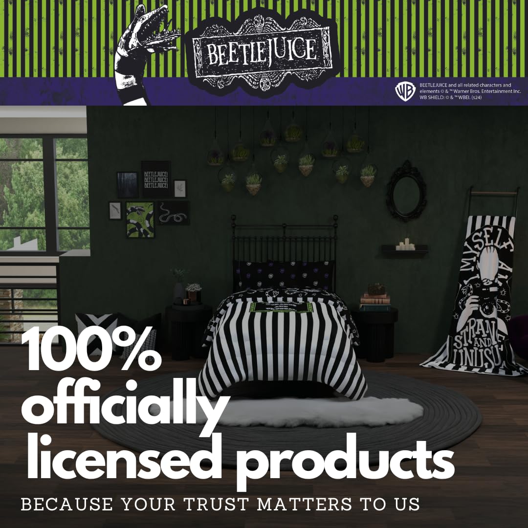 Franco Collectibles Beetlejuice Halloween Striped Bedding 4 Piece Super Soft Comforter and Sheet Set, Twin, (Officially Licensed Product)