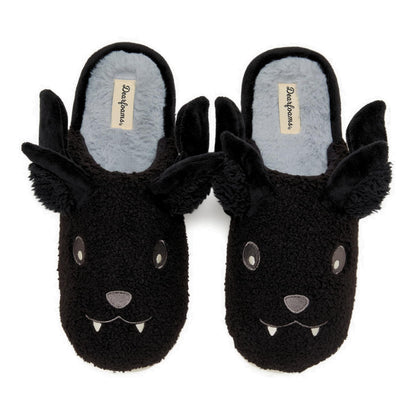Dearfoams Unisex-Adult Spooky Fuzzy Halloween Pumpkin Jack O Lantern Slipper, Black Bat, 11-12 Women/9-10 Men