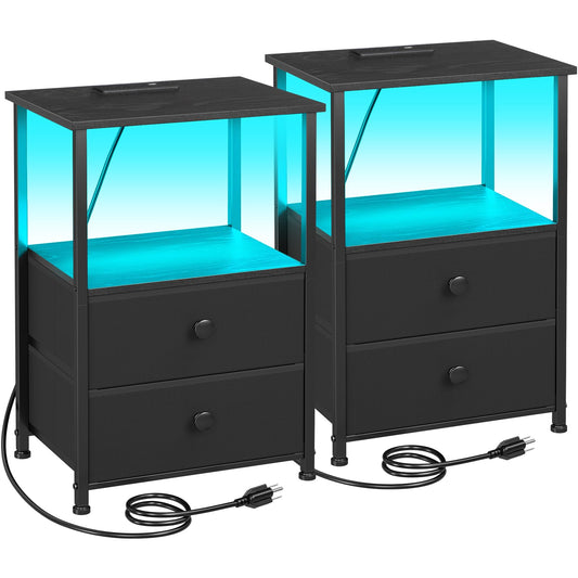 LOAKEKEL Night Stands Set 2, Bedside Table with Charging Station and LED Light, Nightstand with 2 AC Outlets and USB Ports, End Table with 2 Fabric Drawers for Bedroom, Living Room, Black, HETS02BK 🍁 All In One Marketplace Canada