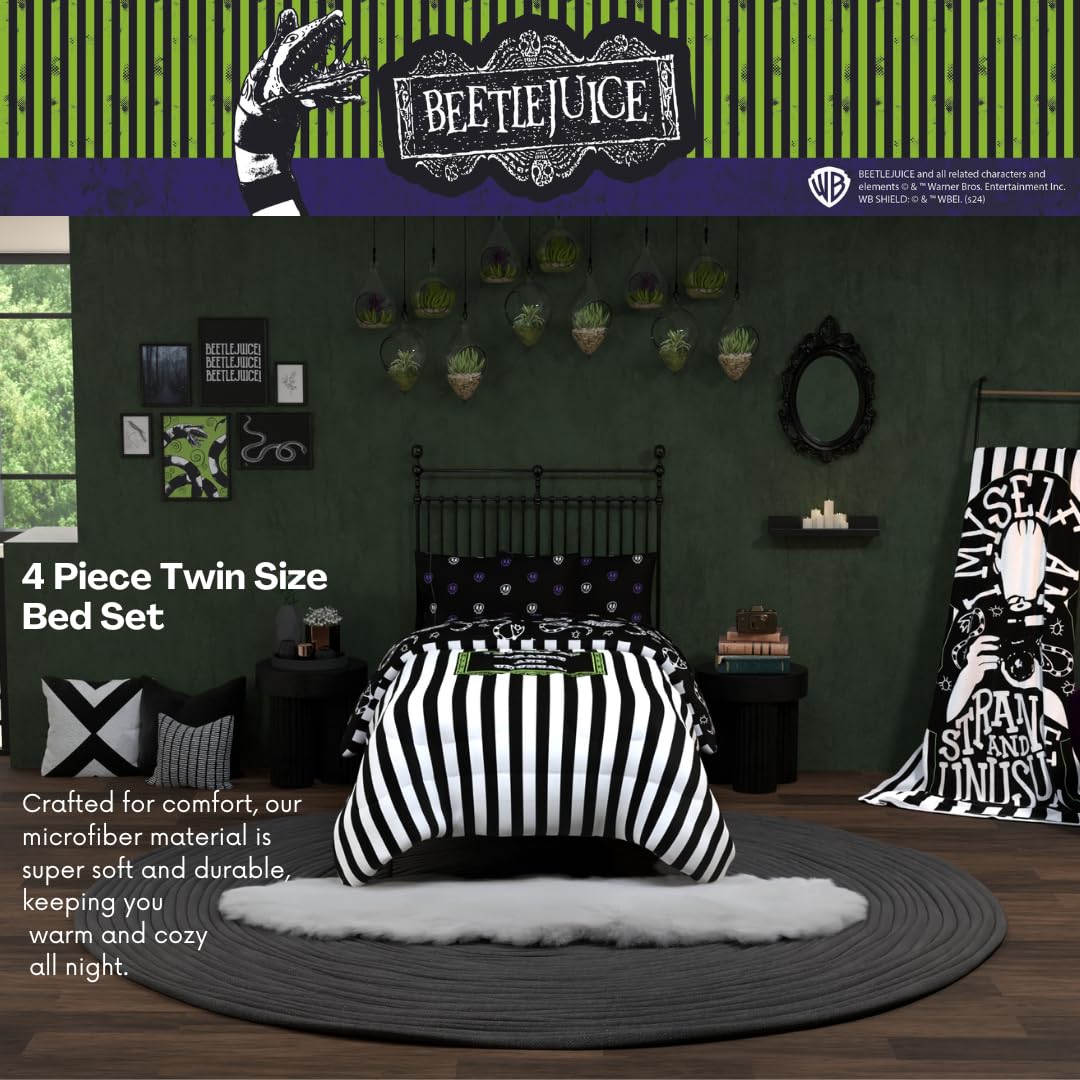 Franco Collectibles Beetlejuice Halloween Striped Bedding 4 Piece Super Soft Comforter and Sheet Set, Twin, (Officially Licensed Product)