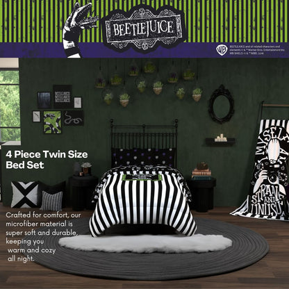 Franco Collectibles Beetlejuice Halloween Striped Bedding 4 Piece Super Soft Comforter and Sheet Set, Twin, (Officially Licensed Product)