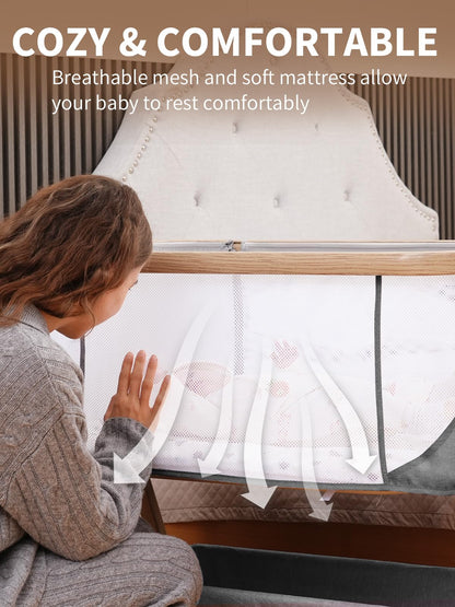 Baby Bassinet Bedside Sleeper - 3 in 1 Bassinets with Waterproof Sheets, Soft Mattress and Breathable Mesh, Adjustable Height Bedside Bassinet for Baby with Wheels, Storage Basket, Gray 🍁 All In One Marketplace Canada