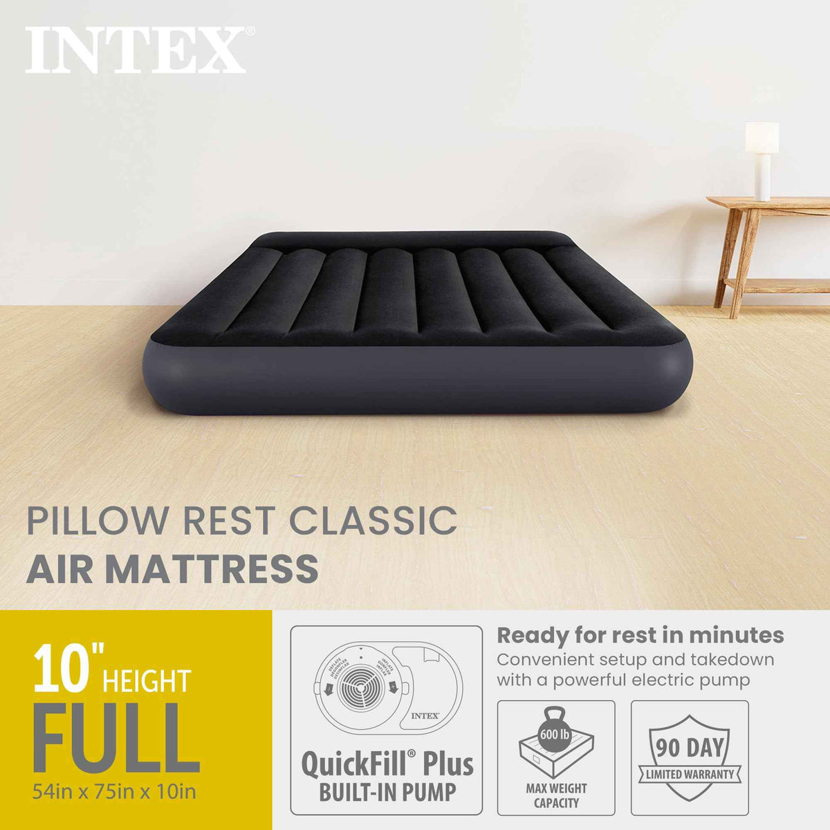 INTEX 64147ED Dura-Beam Standard Pillow Rest Air Mattress: Fiber-Tech – Full Size – Built-in Electric Pump – 10in Bed Height – 600lb Weight Capacity 🍁 All In One Marketplace Canada