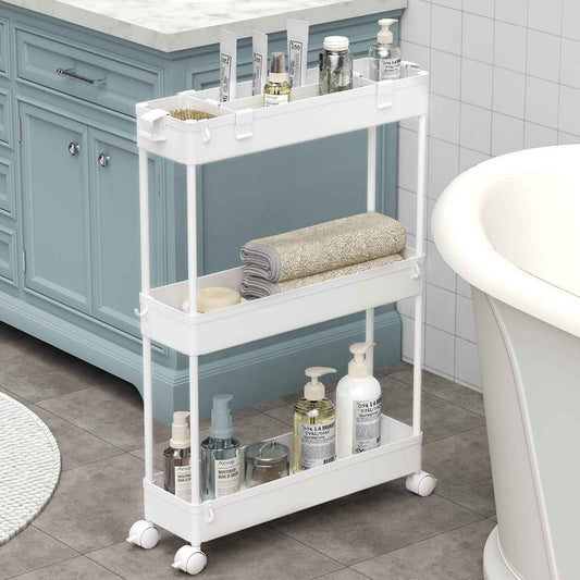 SPACELEAD Slim Storage Cart,3 Tier Bathroom Rolling Utility Cart Storage Organizer Slide Out Cart, Mobile Shelving Unit Organizer Trolley for Office Bathroom Kitchen Laundry Room Narrow Places, White 🍁 All In One Marketplace Canada