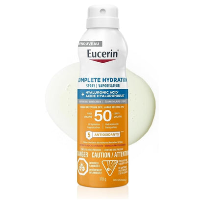 Eucerin Complete Hydration Sunscreen Spray, Daily Body Sunscreen SPF 50 With Hyaluronic Acid, Lightweight Body SPF 50 Spray with UVA-UVB Sun Protection, Fragrance Free & Water Resistant, 170 g Spray Bottle 🍁 All In One Marketplace Canada
