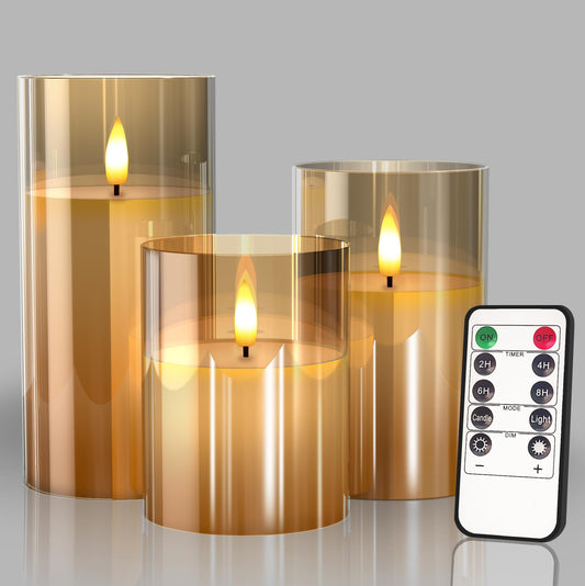 Glass Battery Operated LED Flameless Candles with Remote and Timer, Real Wax Candles Warm Color Flickering Light for Festival Wedding Home Party Decor(Pack of 3)-Gold 🍁 All In One Marketplace Canada