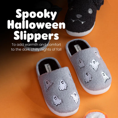 Dearfoams Unisex-Adult Spooky Fuzzy Halloween Pumpkin Jack O Lantern Slipper, Grey Ghost, 9-10 Women/7-8 Men