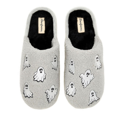 Dearfoams Unisex-Adult Spooky Fuzzy Halloween Pumpkin Jack O Lantern Slipper, Grey Ghost, 15-16 Women/13-14 Men