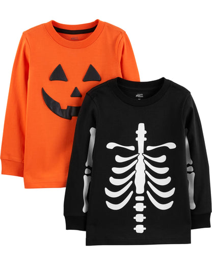 Simple Joys by Carter's Baby Boys' Halloween Long-Sleeve Tees, Pack of 2, Halloween Pumpkin Print/Skeleton, 3-6 Months