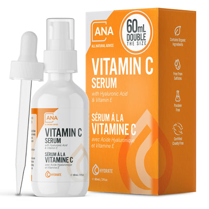 All Natural Advice Vitamin C Serum 60mL | 20% Vitamin C Face Serum Solution with Organic Botanicals, Hyaluronic Acid & Vitamin E | UV-Shielding Glass Bottle, Spray & Dropper | Canadian Skin Care 🍁 All In One Marketplace Canada