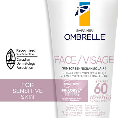 Garnier Ombrelle Ultra Light Face Sunscreen Lotion SPF 60, Broad Spectrum UVA/UVB Very High Protection, For Sensitive Skin, Travel size, Non-Greasy, Non-Sticky, Water Resistant, 75ml 🍁 All In One Marketplace Canada