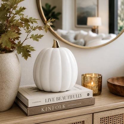 Pearhead White Ceramic Pumpkin, Home Fall Décor, Modern Holiday Home Decor, Trendy Halloween Decorations, White, Small