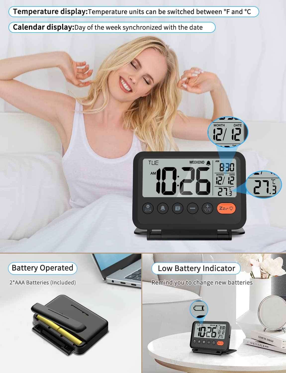 MeesMeek Digital Travel Alarm Clock: Small Bedside LCD Clock with Date Temperature Snooze Backlight 12/24H Weekend Mode and 2 Volume, Desk Clock for Kids Office Bedroom, Battery Included (Black) 🍁 All In One Marketplace Canada
