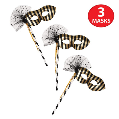 Beistle 3 Piece 12.5" x 8.25" Mardi Gras Party Masks with Sticks, Halloween Costume Accessories