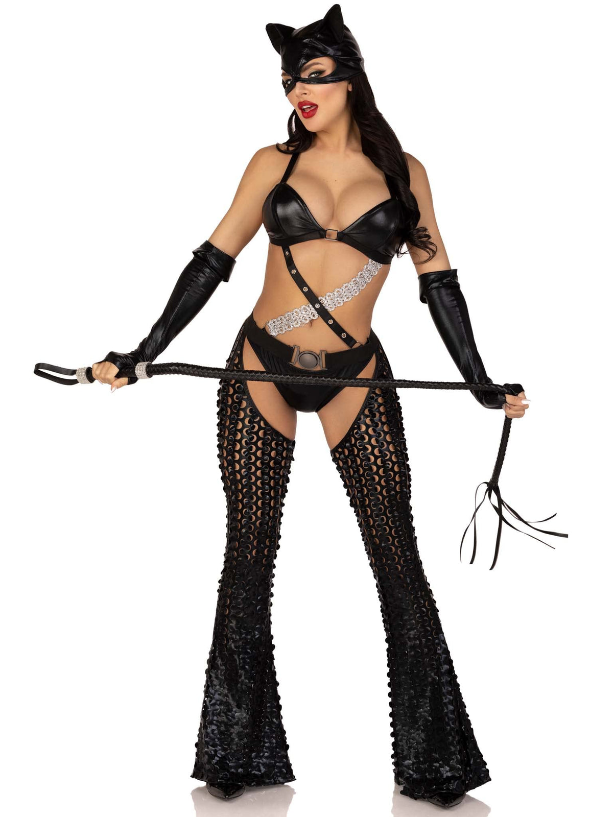 Leg Avenue Women’s 3 PC Mistress Kitty Halloween Costume with Catsuit, LARGE,Black