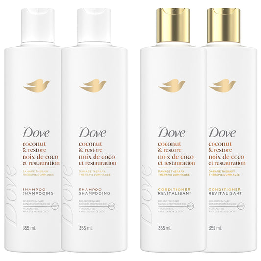 Dove Coconut Restore Shampoo & Conditioner for Damaged Hair, with Liquid Bio-Protein Care, 355 ML (2 Shampoo + 2 Conditioner) 🍁 All In One Marketplace Canada