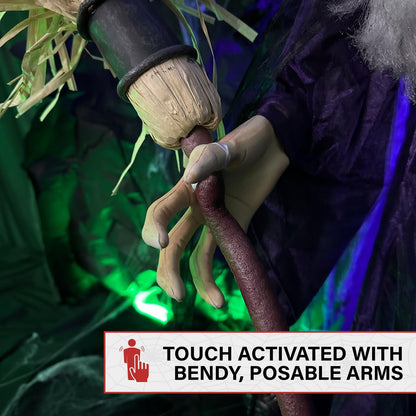 Haunted Hill Farm Life-Size Scary Talking Witch with Broomstick, Halloween Animatronic with Touch Activated Lights and Sound, Battery Operated Indoor or Covered Outdoor Halloween Decorations