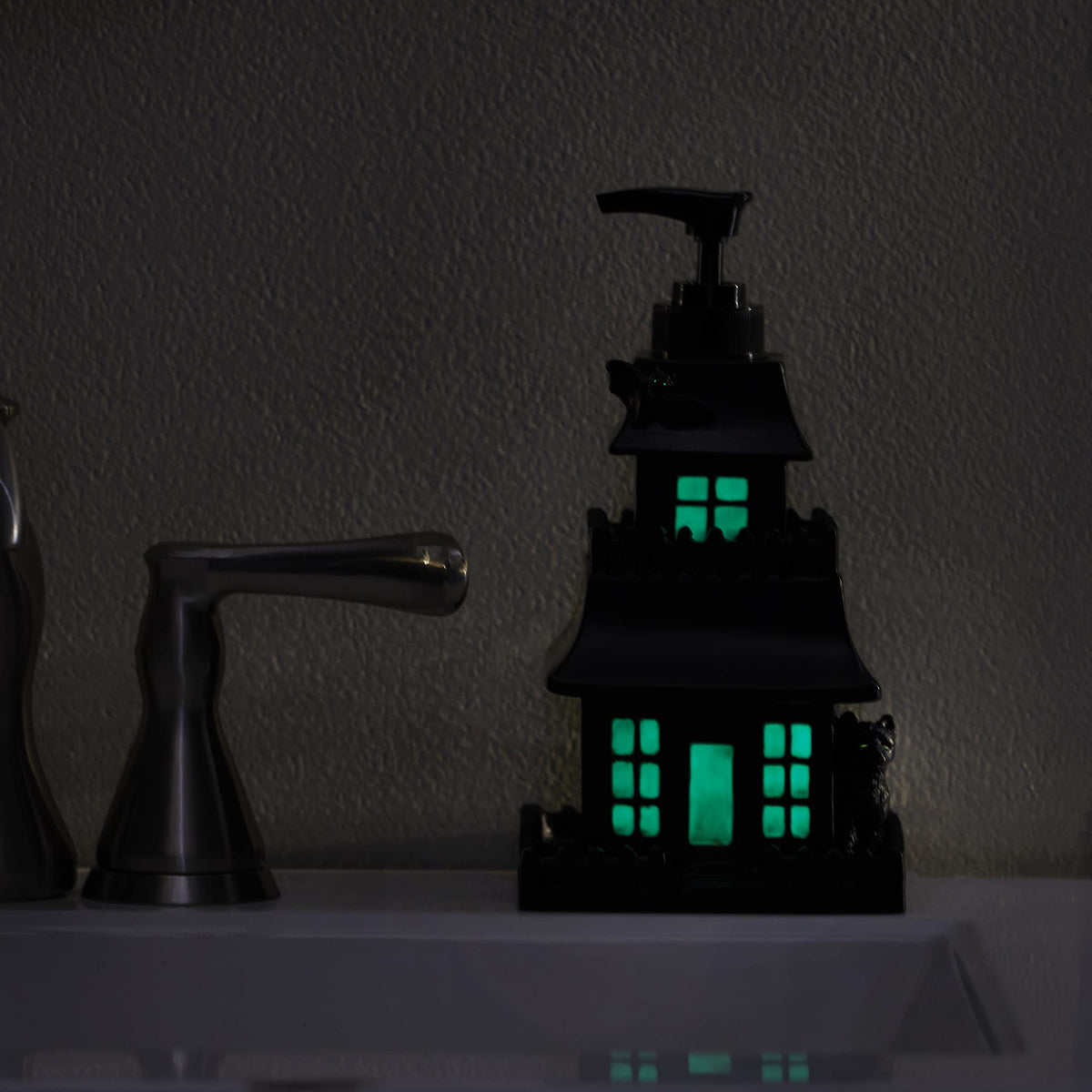 SKL Home Halloween Haunted House Glow-in-The-Dark Soap Dispenser, Black