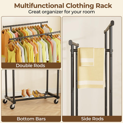 HYSEYY Double Rods Clothing Rack, Rolling Clothes Rack, Metal Garment Rack with 4 Lockable Wheels & Storage Shelf, Sturdy Coat Rack for Bedroom, Laundry, Living Room - 160H x 113W x 42D cm (Black) 🍁 All In One Marketplace Canada
