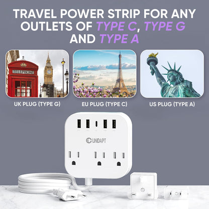 Unidapt European Plug Adapter, Unidapt US to UK Europe Power Strip for EU/UK/US with USB C and 4 USB Ports, 3 AC Outlets, Wall Mountable, 5ft Cord, for Travel Cruise Ship Home (WSS-603) 🍁 All In One Marketplace Canada