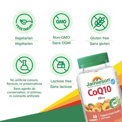 Jamieson CoQ10 Gummy, 100 mg, 60 Juicy Peach Flavoured Gummies. Supports Heart Health and Reduces Frequency of Migraines. Vegetarian, No Artificial Colours, Flavours, or Preservatives 🍁 All In One Marketplace Canada