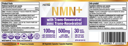 Herba NMN Supplement with Resveratrol – 500mg + 100mg | 100% Purity β-NMN & >99% Resveratrol | NAD Supplement Canada Made | NAD+ Precursor | 30 Capsules 🍁 All In One Marketplace Canada