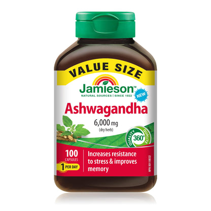 Jamieson High-Potency Ashwagandha 6,000 mg, Increases Resistance to Stress, Adaptogen, and Enhances Memory. Non-GMO, Vegetarian, Gluten-Free, Only One Per Day, Value Size, 100 Capsules 🍁 All In One Marketplace Canada