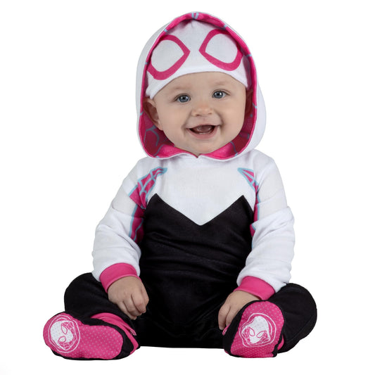 Marvel Spider-Gwen Official Infant Deluxe Halloween Costume - Premium Minky Fabric and Non-Slip Grip Booties (6-12M)