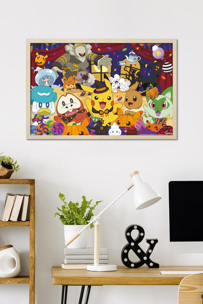 Pokémon: Halloween Party- Group Wall Poster, 34L" x 22.4W", Blonde Framed Version