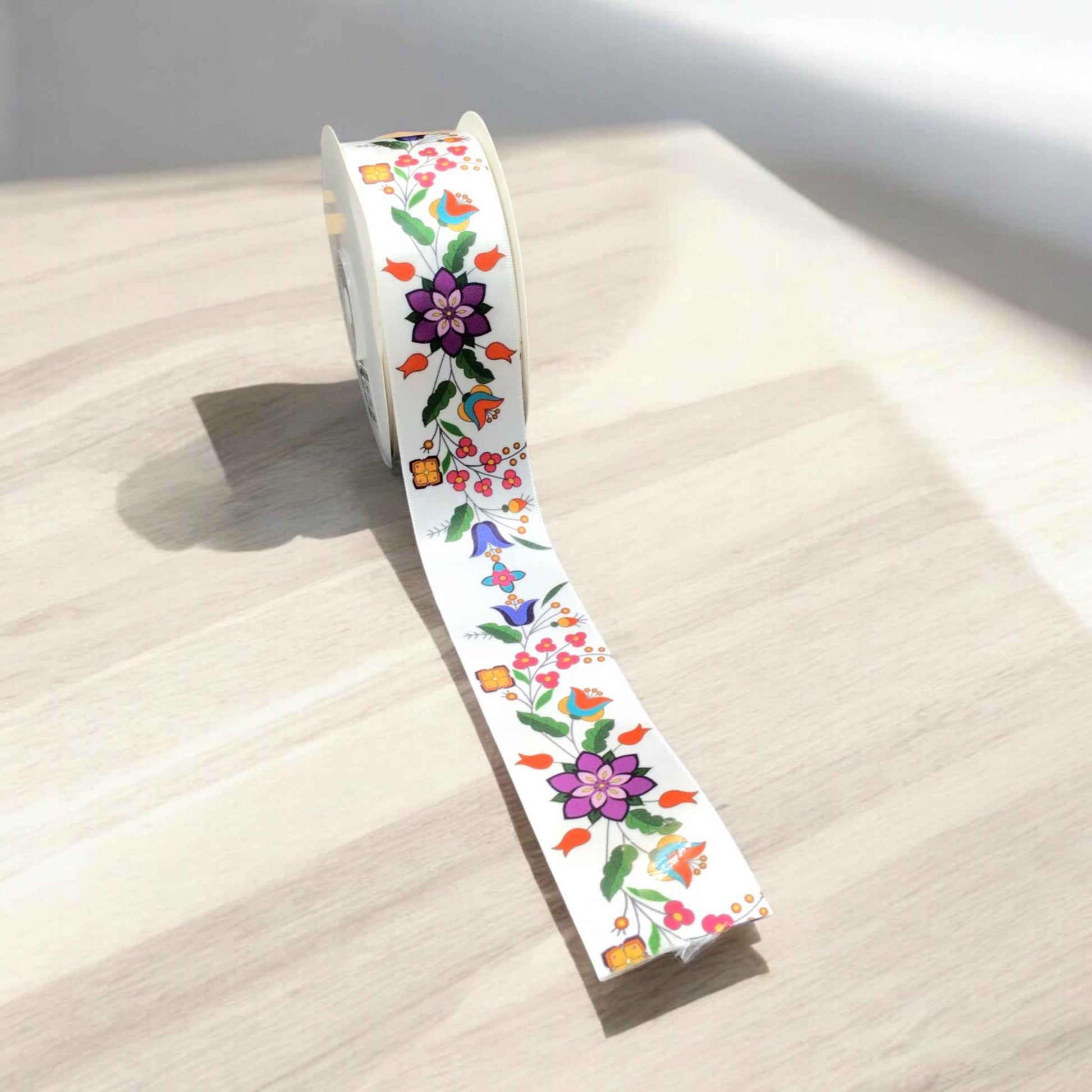 White Double Face Floral Ribbon Roll