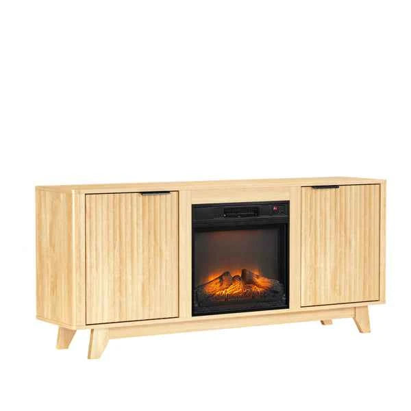 Oak Finish Fireplace TV Stand With 18 Inch Insert & Double Grid Doors, Embossed Particle Board Media Console 58 X 13.6 X 25.4 Inch